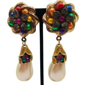 Jacky De G France Signed Statement Multicolored Pearl Dangle Earrings ￼HUGE